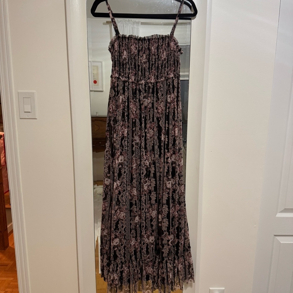 Maxi halter dress Small smocking pleats floral black&Pink-Japanese 0918